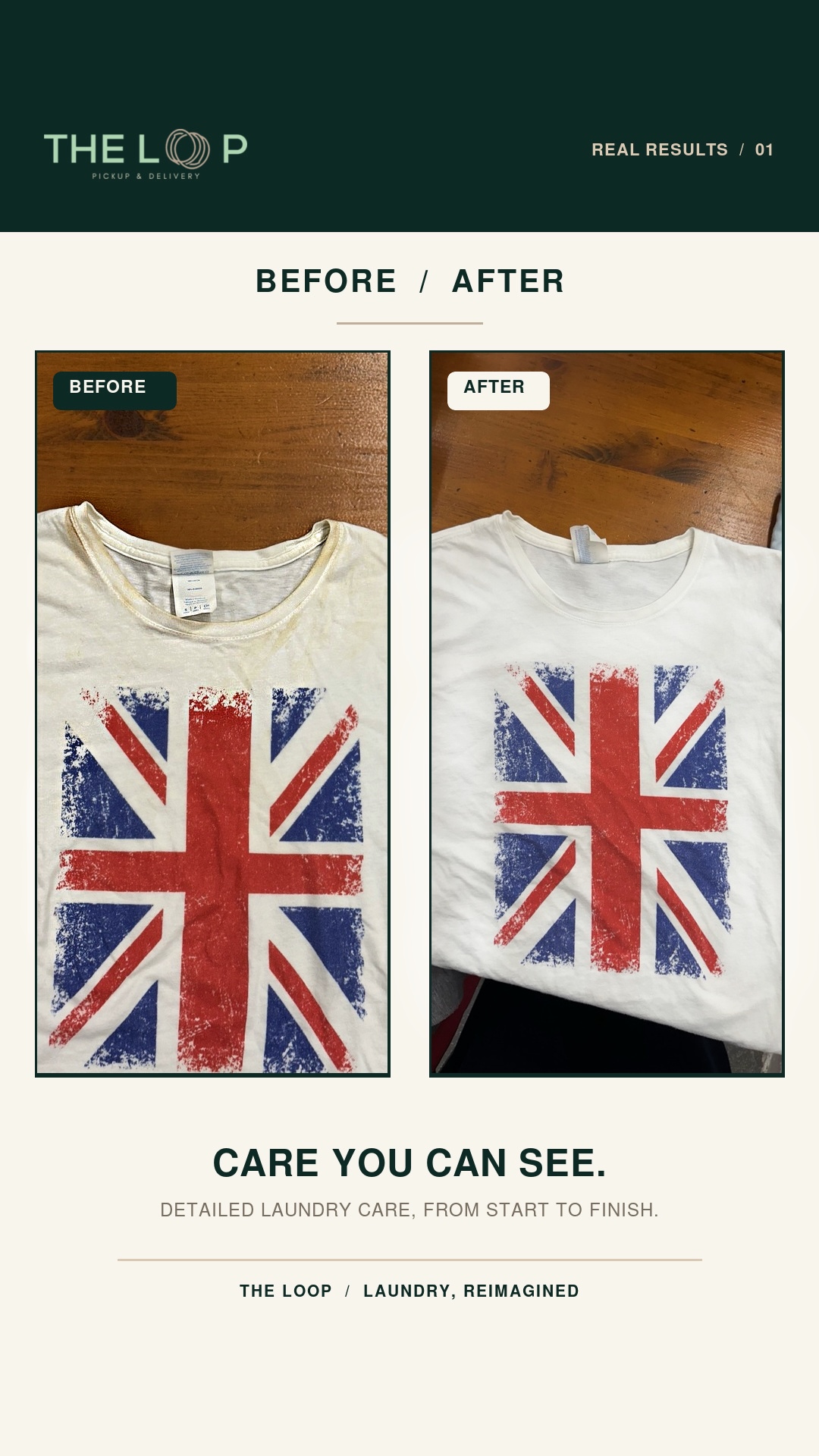 Original THE LOOP post showing a t-shirt before and after laundry care